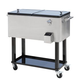 Outsunny 80 QT Mobile Cooler Station on Wheels for Outdoor Parties, Elegant Stainless Steel