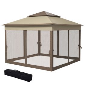 Outsunny 11' x 11' Pop Up Gazebo Outdoor Canopy Shelter with 2-Tier Soft Top, Removable Zipper Netting w/ Large Shade, Storage Bag for Patio, Kha
